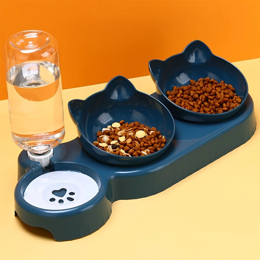 3-in-1 Tilted Cat Bowl Set — Ergonomic Neck Protection with Gravity Water Feeder`