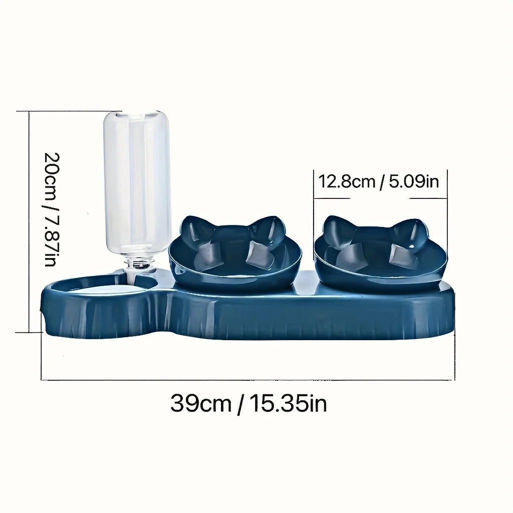3-in-1 Tilted Cat Bowl Set — Ergonomic Neck Protection with Gravity Water Feeder`
