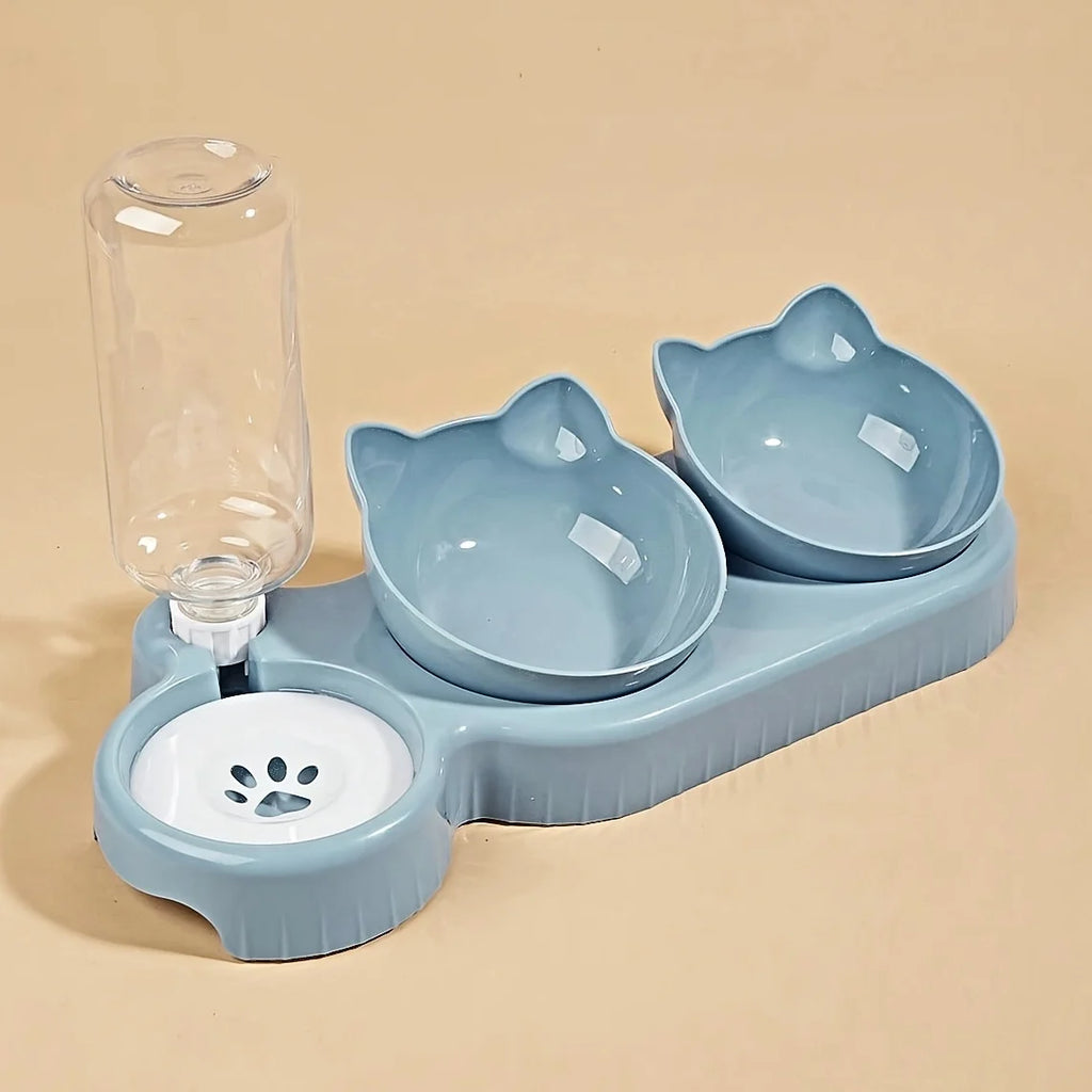 3-in-1 Tilted Cat Bowl Set — Ergonomic Neck Protection with Gravity Water Feeder`