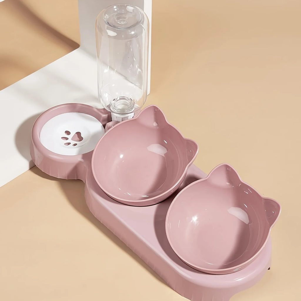3-in-1 Tilted Cat Bowl Set — Ergonomic Neck Protection with Gravity Water Feeder`