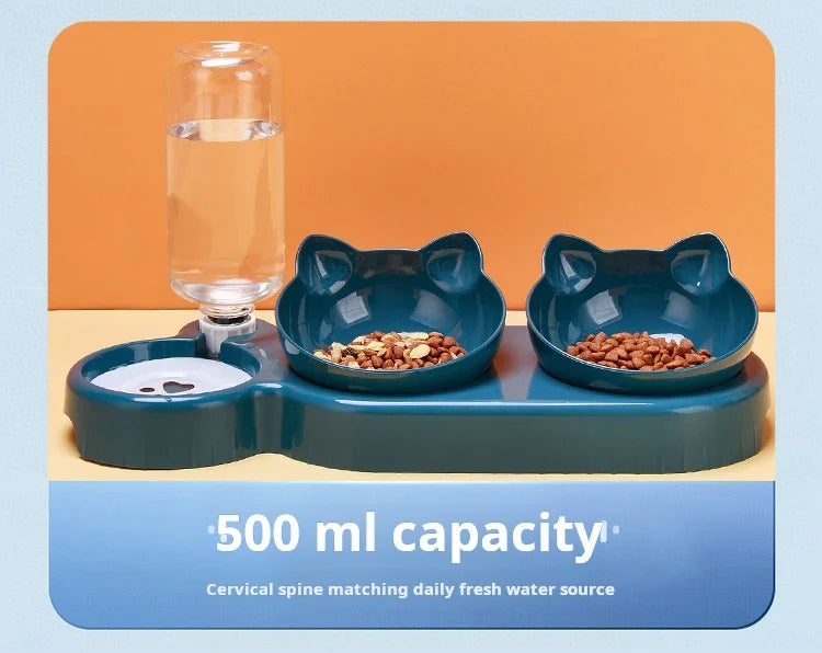 3-in-1 Tilted Cat Bowl Set — Ergonomic Neck Protection with Gravity Water Feeder`