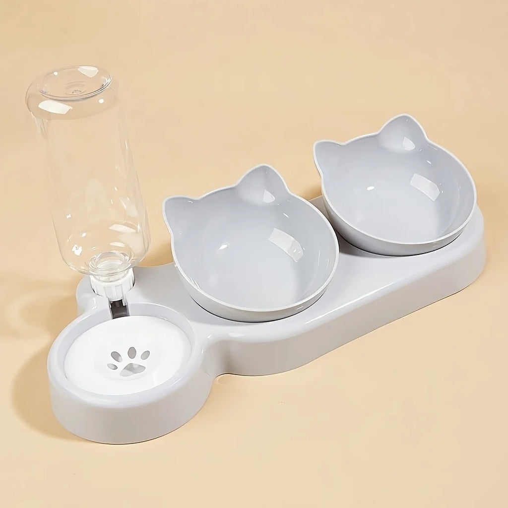 3-in-1 Tilted Cat Bowl Set — Ergonomic Neck Protection with Gravity Water Feeder`