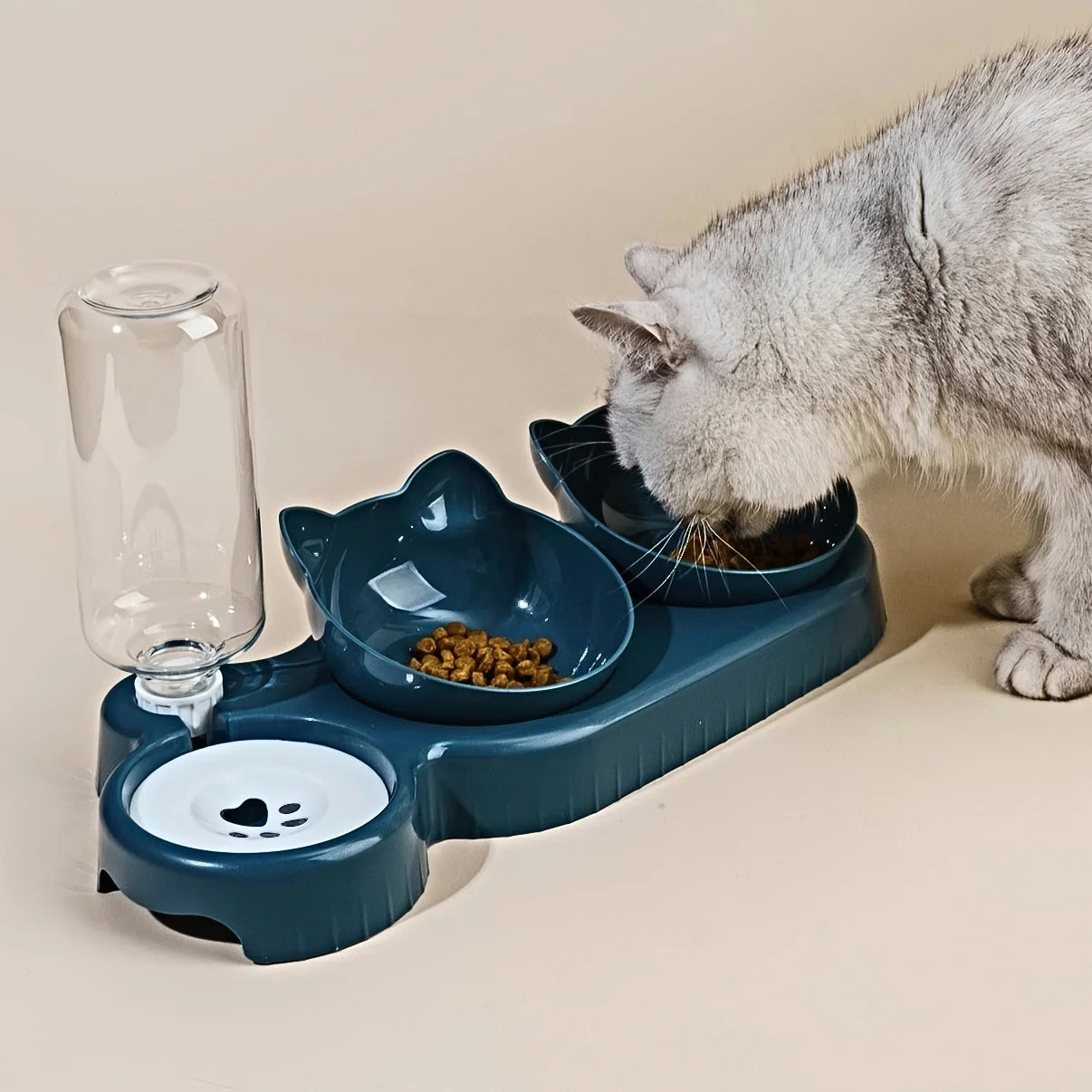 3-in-1 Tilted Cat Bowl Set — Ergonomic Neck Protection with Gravity Water Feeder`