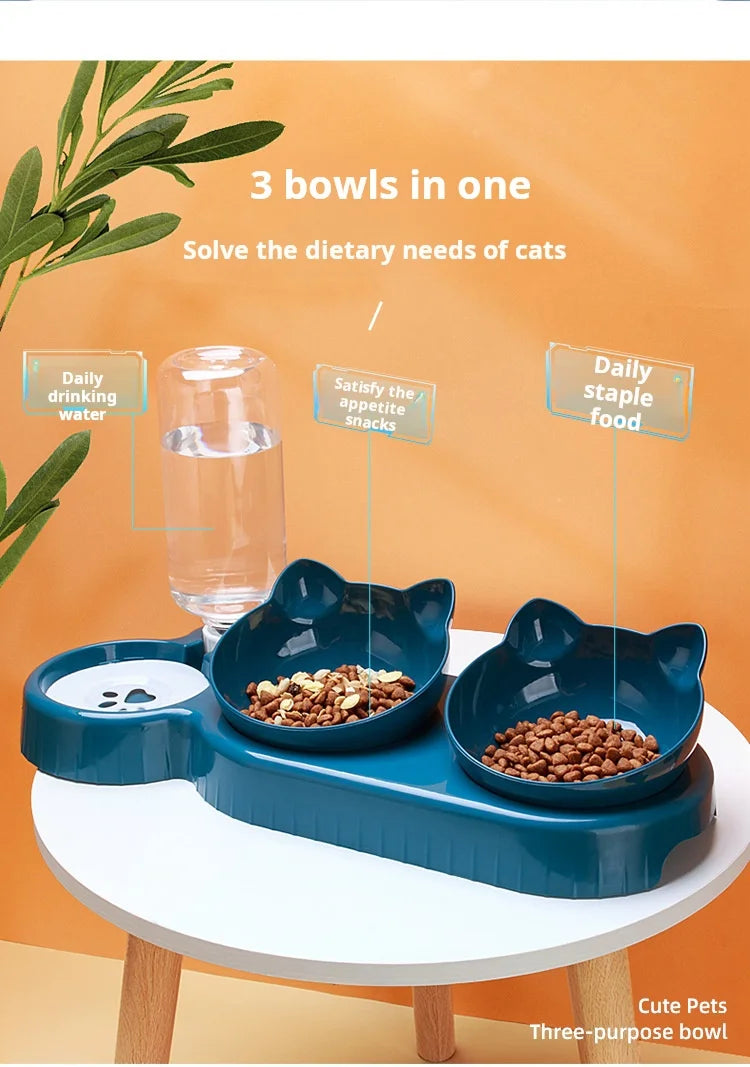 3-in-1 Tilted Cat Bowl Set — Ergonomic Neck Protection with Gravity Water Feeder`