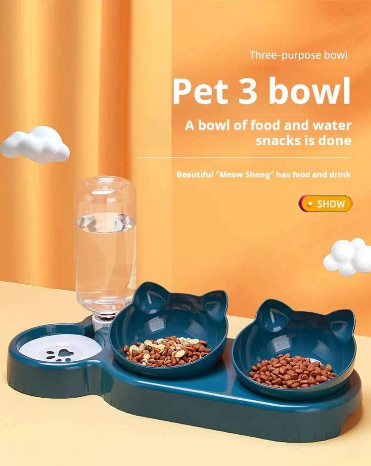 3-in-1 Tilted Cat Bowl Set — Ergonomic Neck Protection with Gravity Water Feeder`