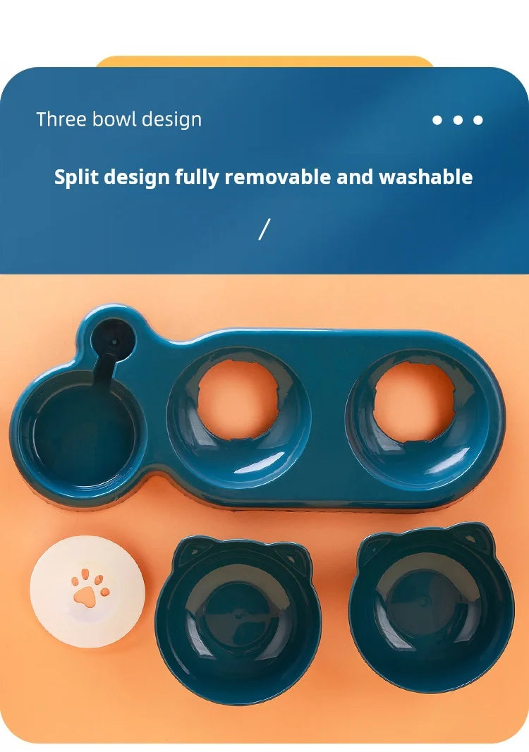 3-in-1 Tilted Cat Bowl Set — Ergonomic Neck Protection with Gravity Water Feeder`