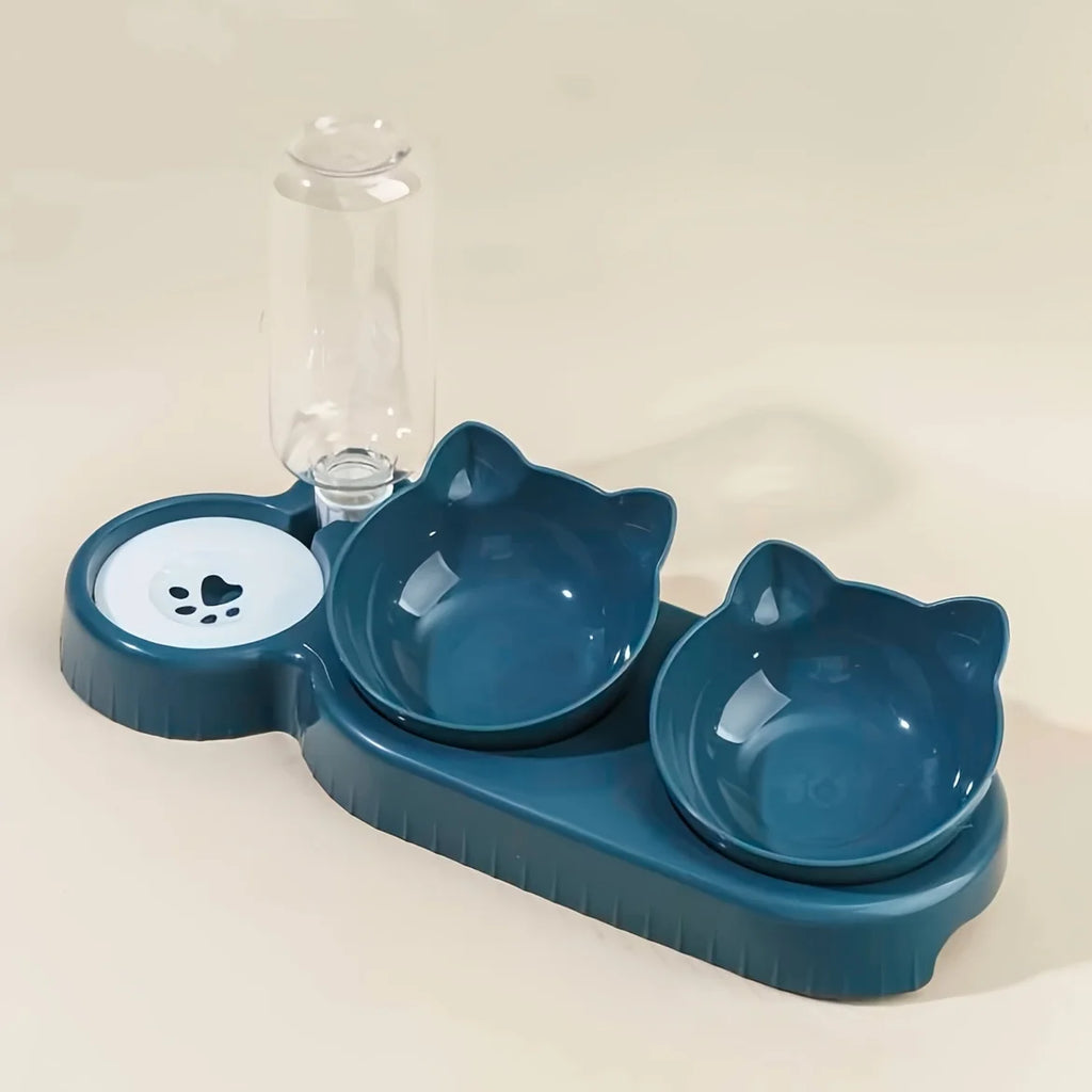 3-in-1 Tilted Cat Bowl Set — Ergonomic Neck Protection with Gravity Water Feeder`