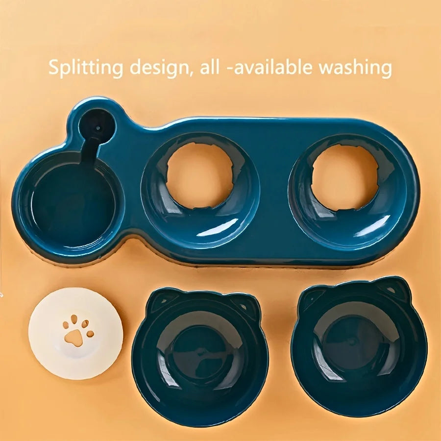 3-in-1 Tilted Cat Bowl Set — Ergonomic Neck Protection with Gravity Water Feeder`